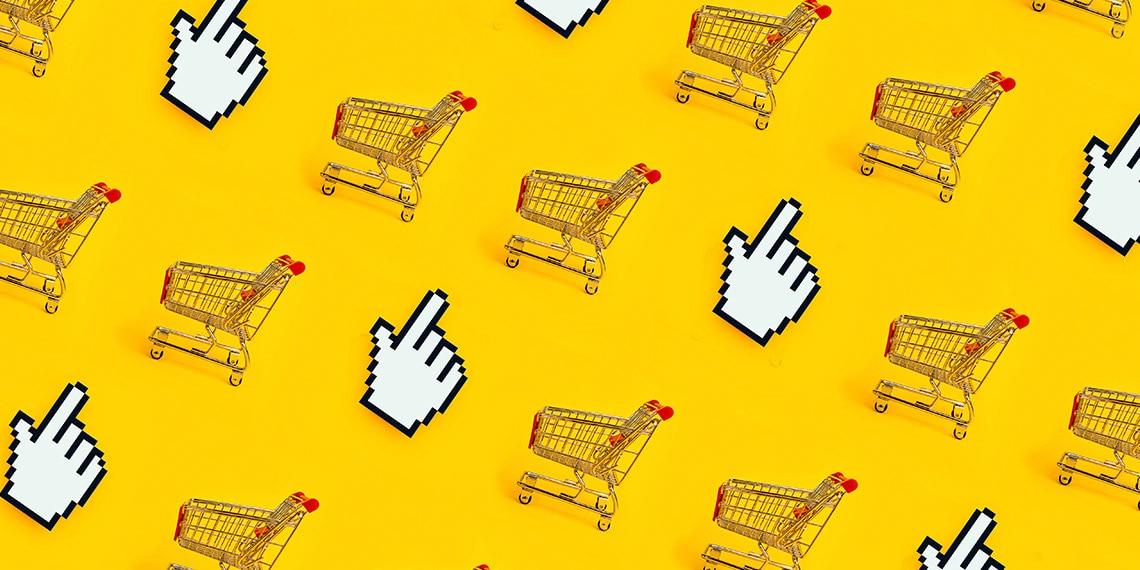 Shopping carts and pointing finger icons.