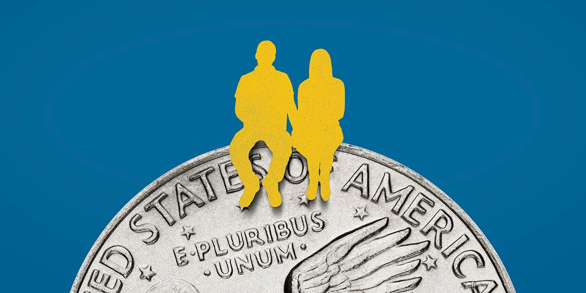 Illustration of a couple sitting on top of a quarter.