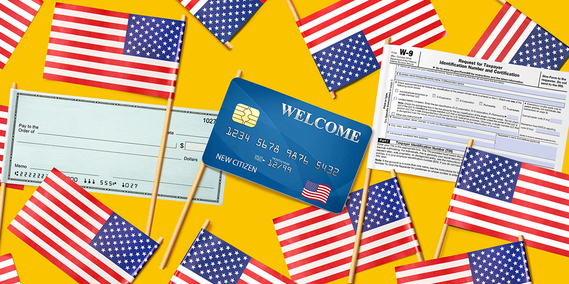 American flags with bills and a credit card.