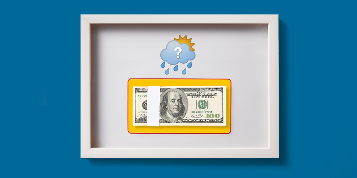 Stack of dollars inside a picture frame, with an illustration of a raincloud, sunshine, and question mark above it.