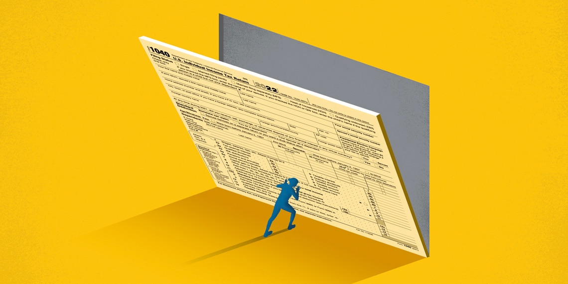 An illustration of a person pushing up a giant tax form.