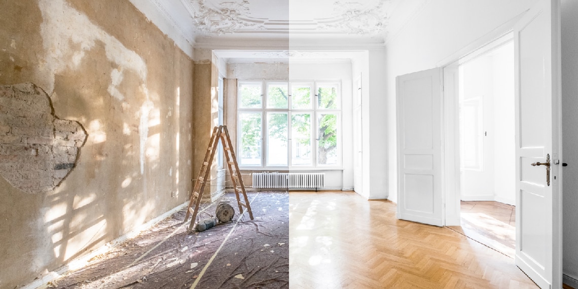 Photo that includes a before and after home renovation view of a living room.