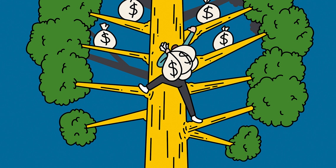 Person with bags of money on back climbing a tree.