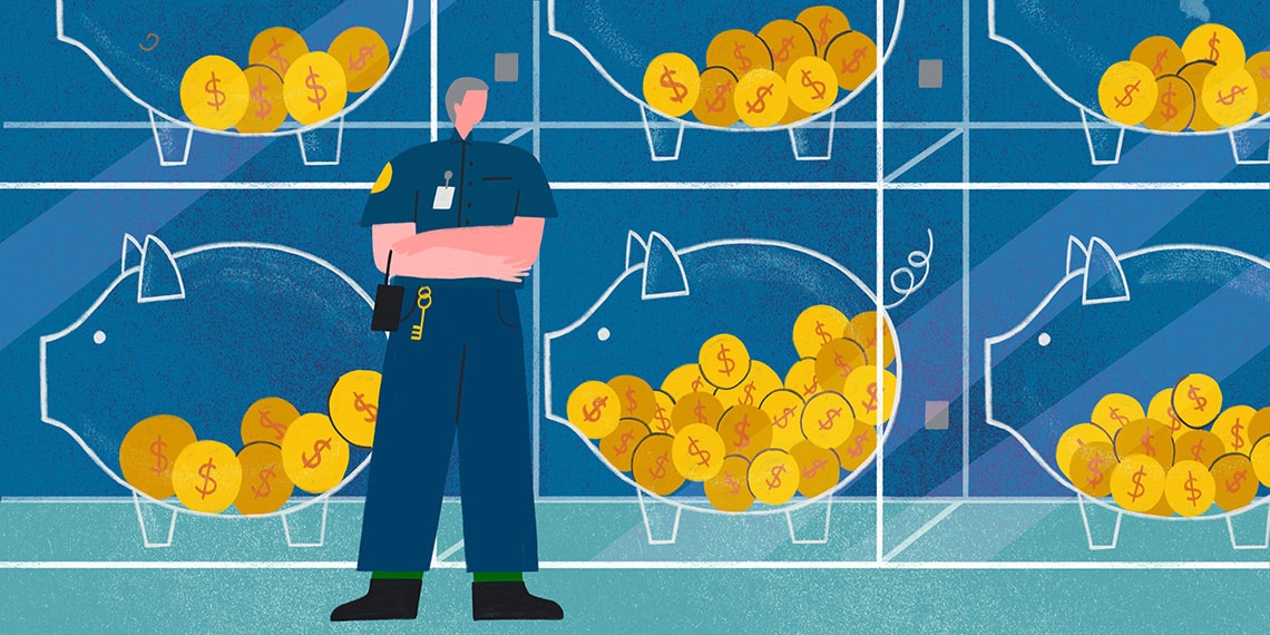 Illustration of a security guard standing watch in front of a glass vault that houses piggy banks filled with gold coins. Illustration by Josie Portillo