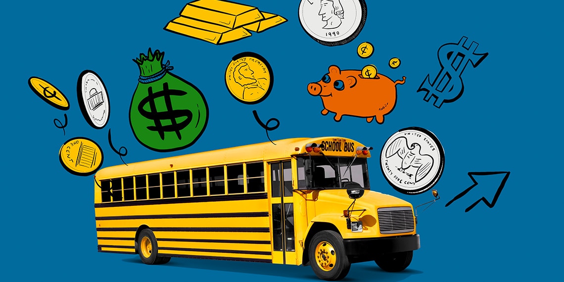 A school bus surrounded by money