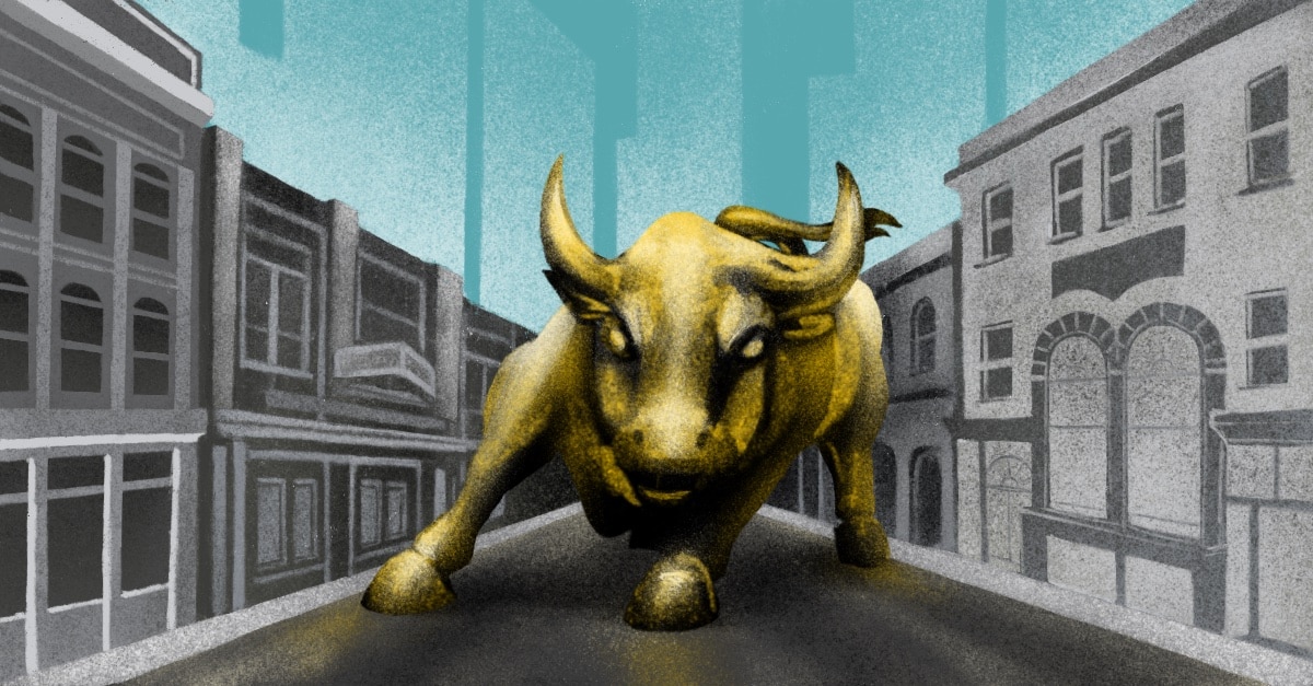 Illustration of the iconic Wall Street bull statue in front of buildings.