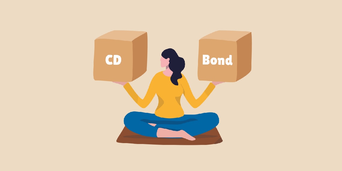 Woman on yoga mat holding a box reading CD in right hand and a box reading Bonds in right hand.