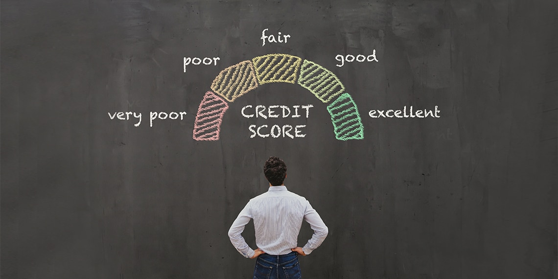 Photo of person looking at credit score chart on a wall.