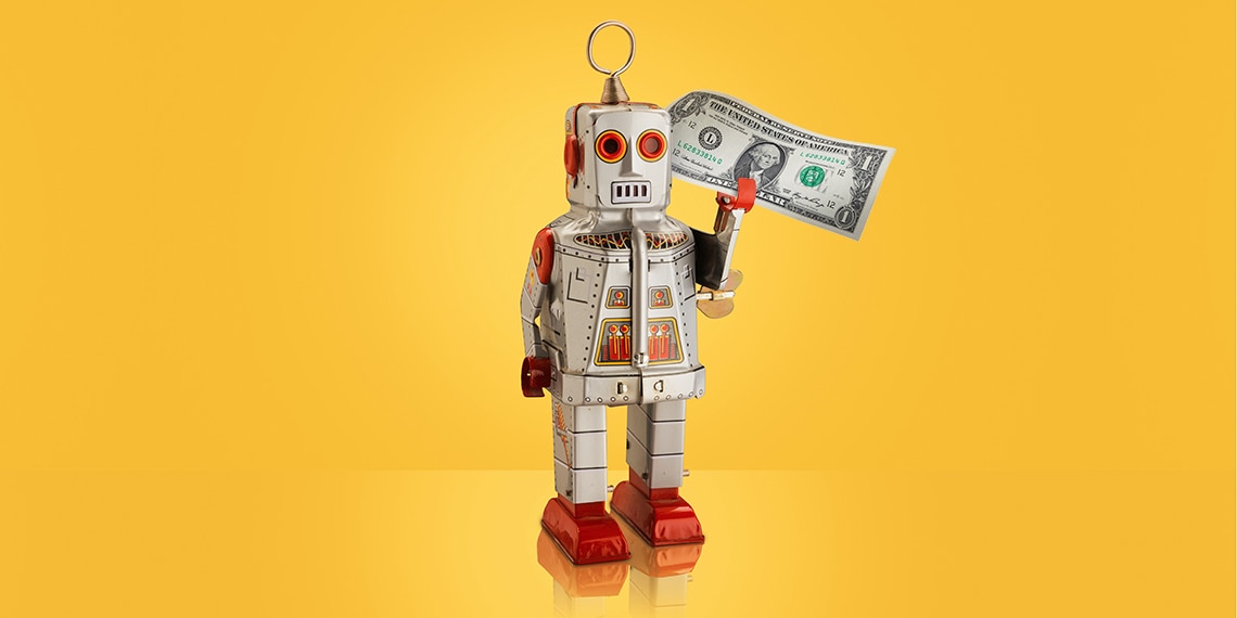 A robot with a dollar