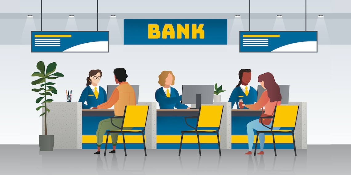 Illustration of service desks inside a traditional bank.