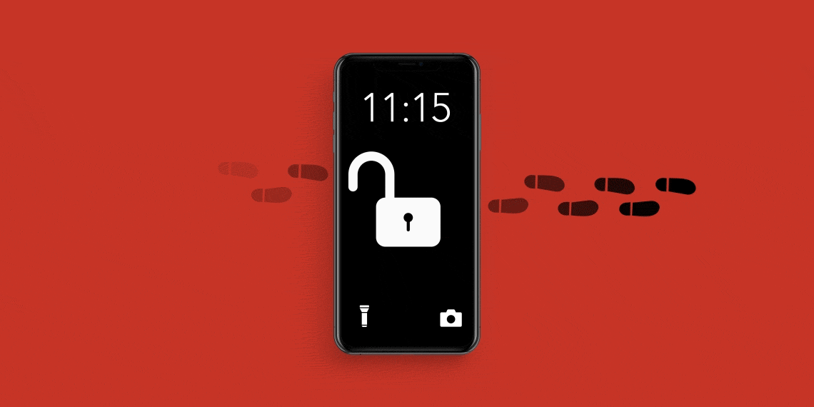 Smartphone with an unlocked symbol and little footprints on both sides.