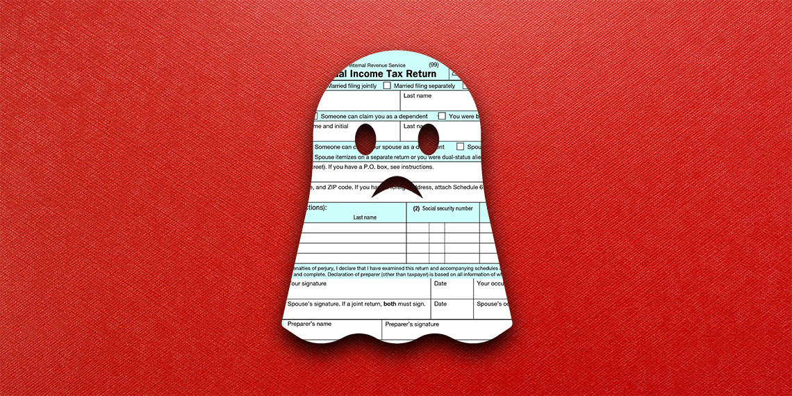 An image of a tax form cut into the shape of a ghost.