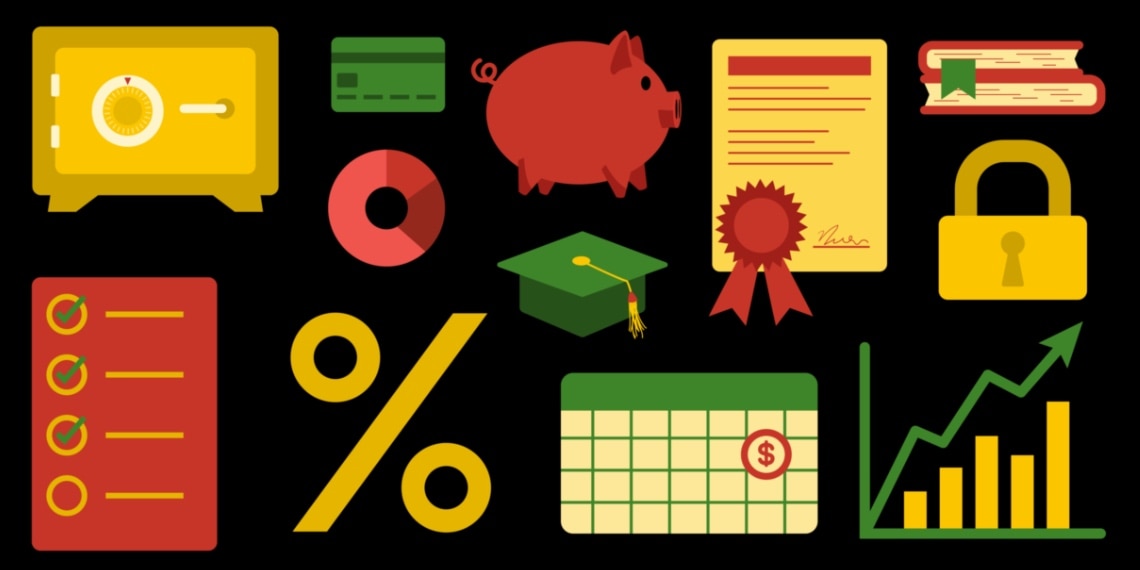 Illustration of financial icons in various African related colors.