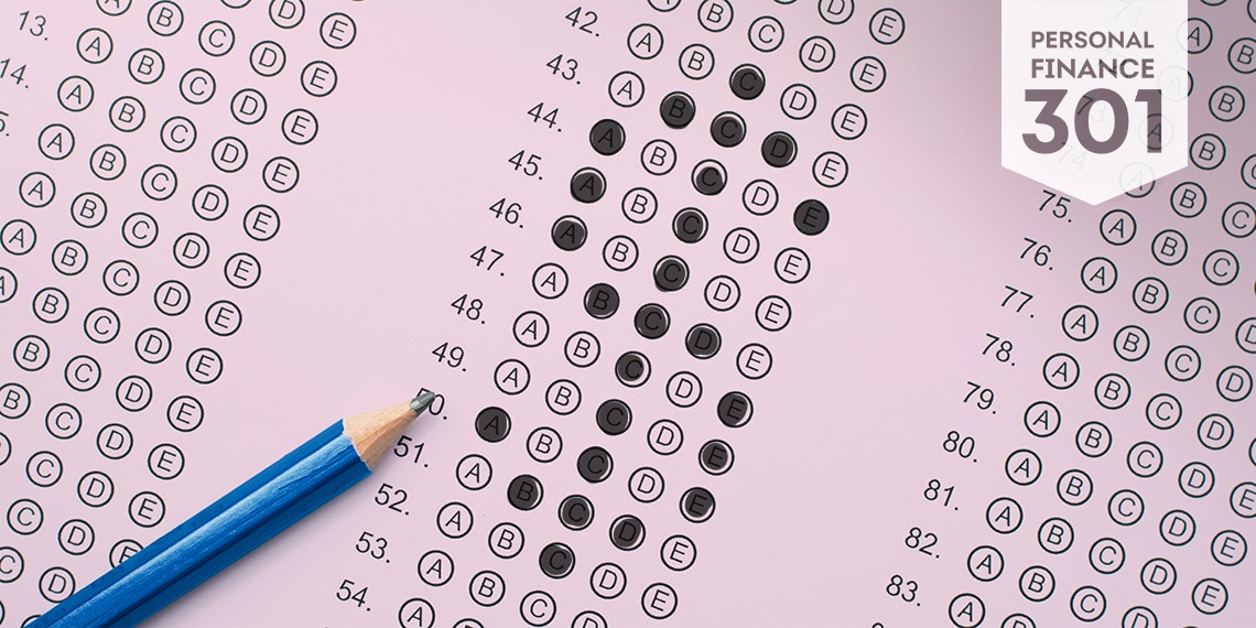 A test answer sheet with bubbles filled in to make a dollar sign.