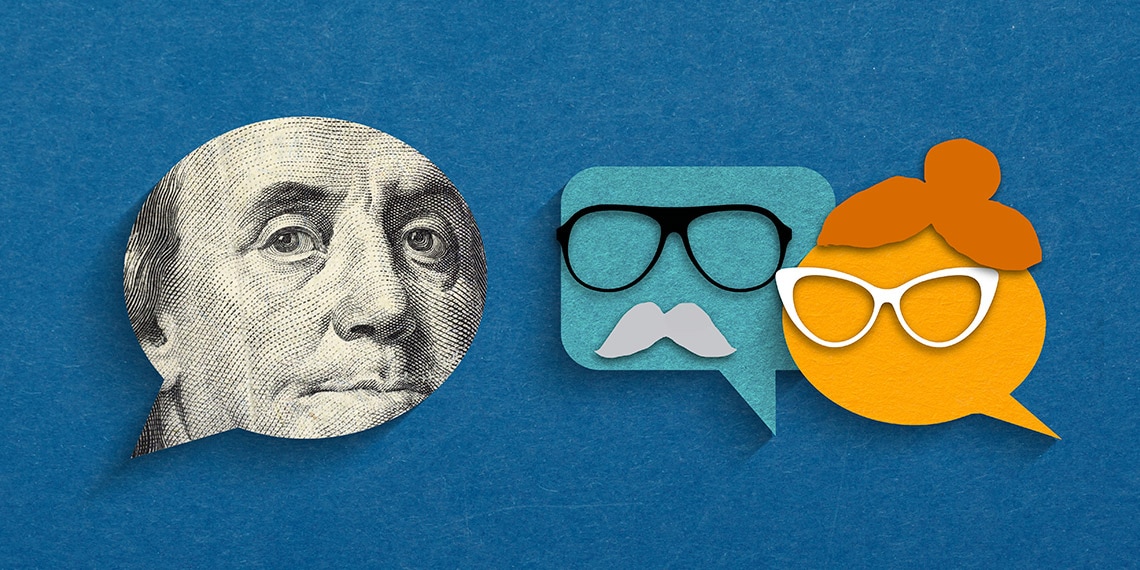 An image of parental speech bubbles and a speech bubble with Ben Franklin from the hundred dollar bill