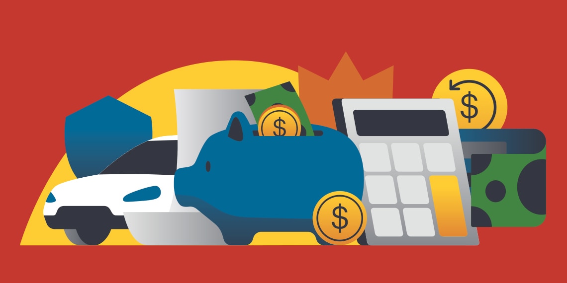 An arrangement of savings references, including a car with a shield, receipt, piggy bank, savings calculator and money.