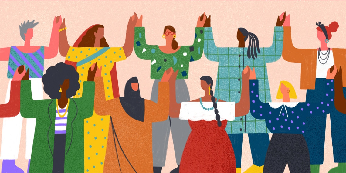 An illustration of women from different cultures and races seen holding hands with one another.