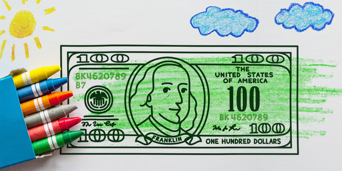 A drawing of a hundred dollar bill with crayons coloring it in.