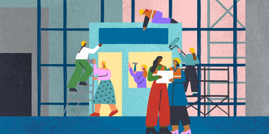 An illustration of a group of women wearing construction gear seen building up a business.