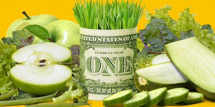 A dollar wrapped around healthy foods.