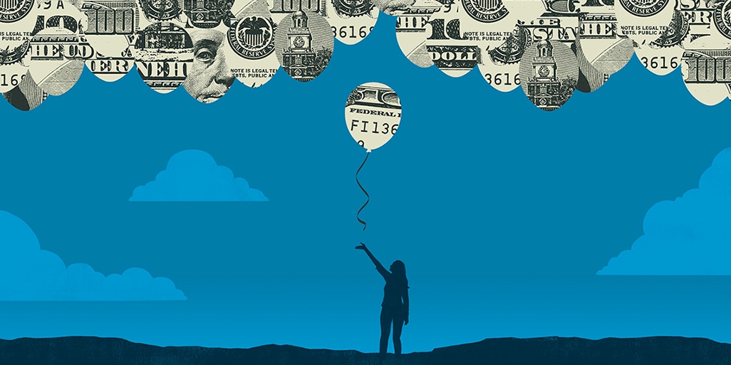 Illustration of a woman holding a balloon made out of a dollar bill; the sky above is full of more dollar balloons.