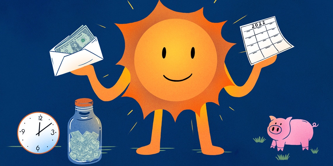 Illustration of a sunshine character holding surrounded by different savings devices.