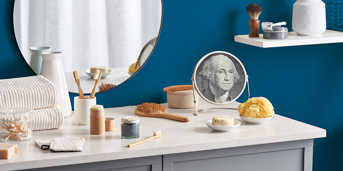 Home spa items with a mirror reflecting Washington from the one dollar bill