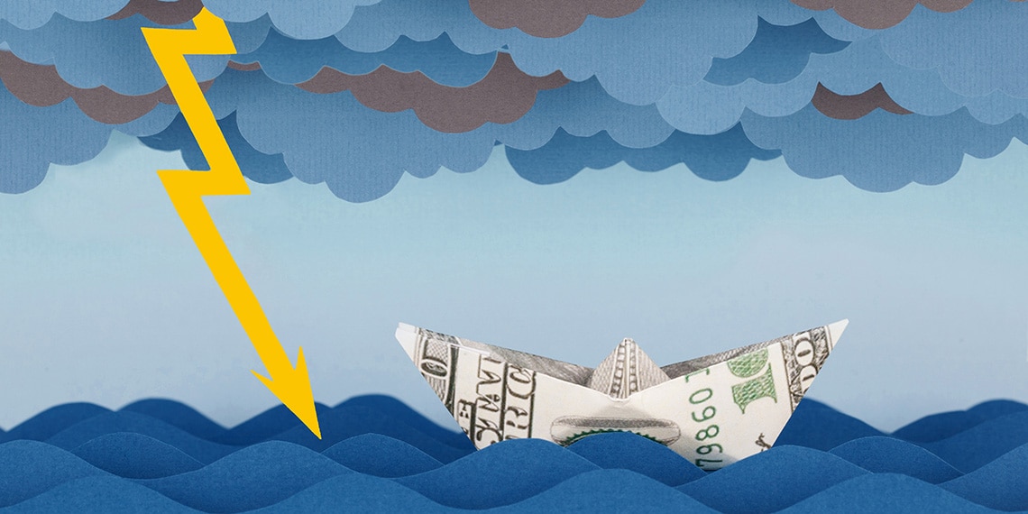 Stormy scene featuring a lightning bolt and a small boat made out of a dollar bill.