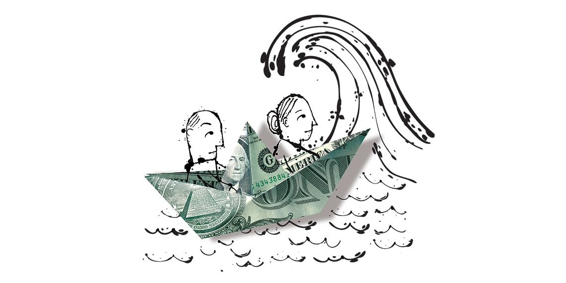 Illustration of a couple in a boat made out of a dollar bill.