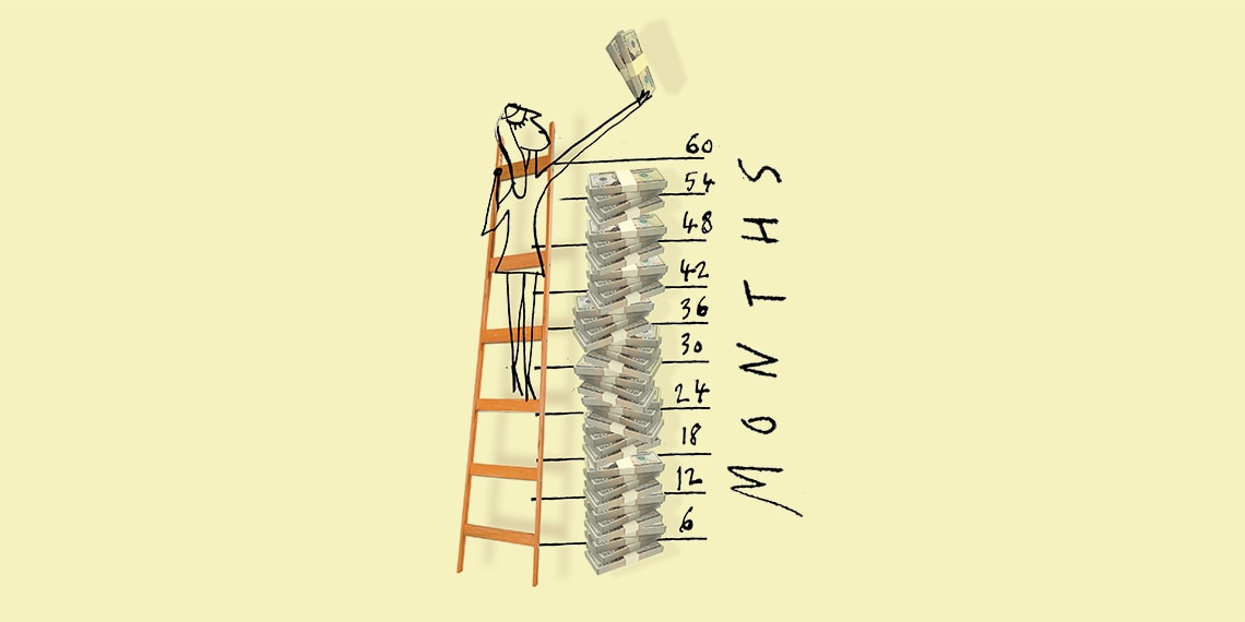 Woman standing on a ladder that is annotated with months; 6, 12, 18, 24, etc.