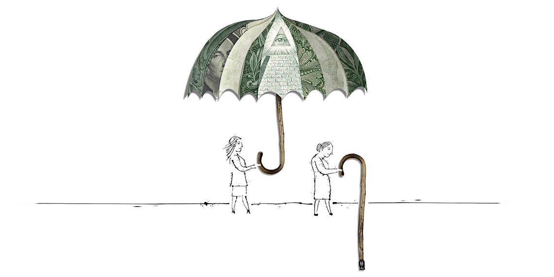 a woman holding an umbrella of dollar bills over a woman with a cane