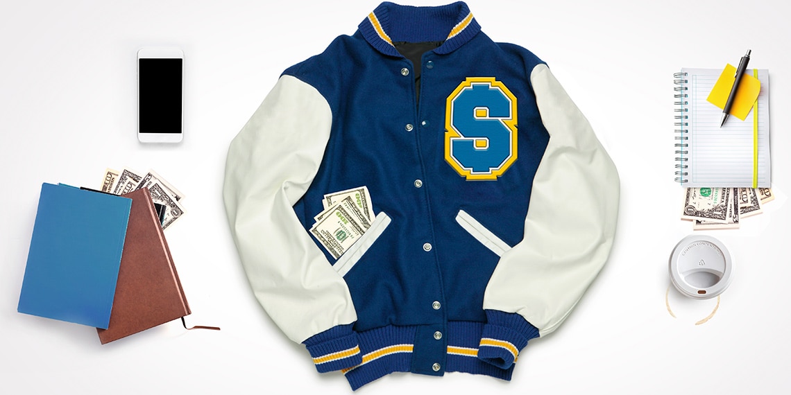 A letter jacket and accessories.