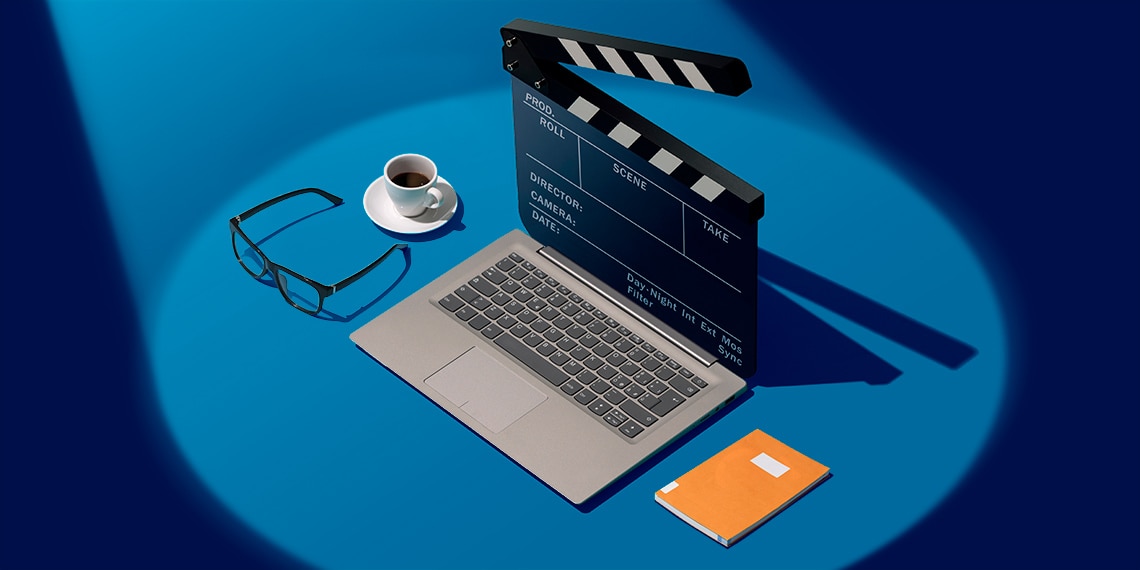 A laptop with a movie slate for a screen.